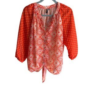 Kut From the Kloth sz XL orange block print tie hemline 3/4 sleeve semisheer top